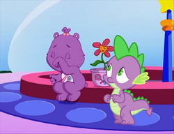 Size: 1763x1351 | Tagged: safe, spike, g4, care bears, care bears adventures of care a lot, crossover, crying, feeling sorry, flower, fountain, purse, share bear, sympathy