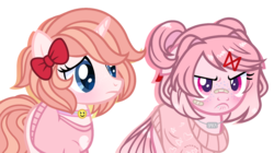 Size: 1996x1120 | Tagged: safe, artist:strawberry-spritz, oc, oc only, oc:sakurana, oc:sunny side up, earth pony, pony, unicorn, angry, baka, base used, bow, clothes, costume, cute, cute little fangs, doki doki literature club!, duo, duo female, fangs, female, floppy ears, freckles, hair bow, jewelry, mare, natsuki, necklace, ponified, resemblance, sayori, shirt, simple background, sweater, transparent background