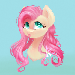 Size: 5000x5000 | Tagged: safe, artist:thefluffyvixen, fluttershy, pony, g4, :p, absurd resolution, blue background, bust, cute, female, looking away, portrait, shyabetes, silly, simple background, smiling, solo, tongue out