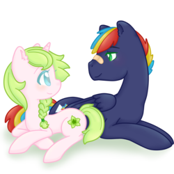 Size: 5000x5000 | Tagged: safe, artist:cupig, oc, oc only, oc:anthea, oc:prism bolt, pegasus, pony, unicorn, kilalaverse, absurd resolution, adopted offspring, bandaid, bandaid on nose, colored pupils, female, male, mare, oc x oc, offspring, offspring shipping, parent:fluttershy, parent:rainbow dash, parent:soarin', parents:soarindash, shipping, simple background, stallion, straight, transparent background