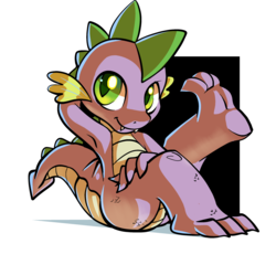 Size: 2699x2482 | Tagged: safe, artist:gsphere, spike, dragon, g4, abstract background, armpits, baby, baby dragon, cute, fangs, feet, green eyes, high res, looking at you, male, pose, raised leg, scales, simple background, sitting, smiling, solo, spikabetes