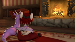 Size: 1024x576 | Tagged: safe, artist:dracagon, oc, oc only, oc:seranae, dragon, earth pony, pony, 3d, female, fireplace, hug, mare, prone, winghug