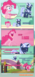 Size: 1919x4225 | Tagged: safe, artist:estories, pinkie pie, oc, oc:silverlay, earth pony, original species, pony, umbra pony, unicorn, comic:a(pple)ffection, g4, bridge, comic, female, happy, mare