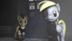Size: 640x360 | Tagged: safe, artist:grimdark-lindy, derpy hooves, doctor whooves, time turner, earth pony, pegasus, pony, g4, 3d, alternate universe, animated, clothes, doctor who, eyepatch, female, gif, male, mare, roleplay illustration, stallion, tardis, the doctor, uniform