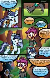 Size: 768x1202 | Tagged: safe, artist:snakeythingy, scootaloo, oc, oc:spiral swirl, human, pony, equestria girls, g4, boots, comic, commission, dialogue, imminent hypnosis, looking at each other, shoes