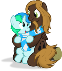 Size: 3000x3433 | Tagged: safe, artist:sollace, oc, oc only, oc:cyan lightning, oc:mellow rhythm, pony, accessory swap, clothes, colt, cute, duo, facial hair, fluffy, foal, happy, high res, male, scarf, shared clothing, shared scarf, show accurate, simple background, sitting, sitting on lap, smiling, stallion, transparent background, vector