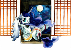 Size: 6569x4620 | Tagged: safe, artist:mashiromiku, princess luna, g4, absurd resolution, clothes, female, kimono (clothing), moon, solo, traditional art, watercolor painting