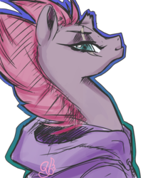 Size: 490x589 | Tagged: safe, artist:candasaurus, tempest shadow, pony, unicorn, g4, my little pony: the movie, broken horn, clothes, colored sketch, eye scar, female, hoodie, horn, looking at you, scar, simple background, smiling, solo, transparent background