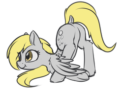 Size: 1018x767 | Tagged: safe, artist:dusthiel, derpy hooves, pegasus, pony, g4, butt, colored sketch, dock, face down ass up, featureless crotch, female, mare, plot, raised tail, simple background, solo, tail, underhoof, white background