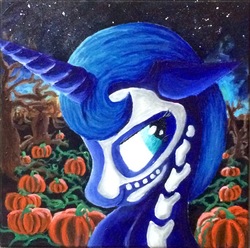 Size: 1267x1259 | Tagged: safe, artist:colorsceempainting, princess luna, g4, luna eclipsed, clothes, costume, cute, female, giveaway, glow in the dark, halloween, halloween costume, holiday, night, paint, painting, pumpkin, skeleton costume, smiling, solo, traditional art, tree, watermark