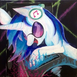 Size: 1024x1029 | Tagged: safe, artist:colorsceempainting, dj pon-3, vinyl scratch, pony, unicorn, g4, disc jockey, female, fire, music, paint, painting, party, smiling, solo, traditional art, turntable, watermark