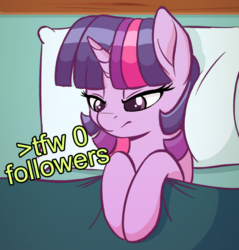 Size: 811x848 | Tagged: safe, artist:spectre-z, twilight sparkle, pony, unicorn, g4, angry, bed, blanket, dialogue, female, followers, frown, glare, greentext, grumpy, lidded eyes, mare, on back, pillow, solo, text, tfw, twilight sparkle is not amused, unamused, unicorn twilight