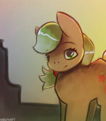Size: 900x1024 | Tagged: safe, artist:wolfkrft, applejack, g4, blonde, cutie mark, female, halfbody, missing accessory, signature, solo
