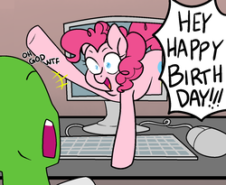 Size: 1309x1072 | Tagged: safe, artist:/d/non, pinkie pie, oc, oc:anon, earth pony, human, pony, g4, computer, computer mouse, dialogue, duo, duo male and female, eyebrows, female, fourth wall, happy birthday, human oc, keyboard, looking at each other, male, mare, open mouth, open smile, pinkie fuel, raised hoof, smiling, surprised, that pony sure does love parties, yelling