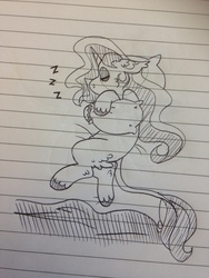 Size: 3264x2448 | Tagged: safe, artist:maximumbark, oc, oc only, oc:princess garbage, pony, unicorn, female, grayscale, high res, lined paper, mare, monochrome, sleeping, solo, traditional art, unshorn fetlocks, zzz