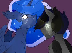 Size: 4092x3031 | Tagged: safe, artist:souppup, princess luna, oc, oc:ortus crozze, alicorn, pegasus, pony, g4, beard, crying, facial hair, female, glowing eyes, male, mare, teary eyes, ych result