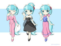 Size: 1600x1200 | Tagged: safe, artist:jdan-s, part of a set, coco pommel, anthro, g4, alternate hairstyle, clothes, cocobetes, cute, dress, fashion style, female, formal, formal wear, looking at you, pajamas, pillow, pixiv, ponytail, skirt, sleepy, toy interpretation, yawn