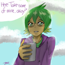 Size: 1500x1500 | Tagged: safe, artist:jaybeaniemags, spike, human, g4, coffee, glasses, humanized, looking at you, male, solo
