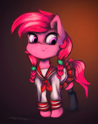Size: 1989x2504 | Tagged: safe, artist:ferasor, oc, oc only, pony, braid, clothes, cute, female, mare, pigtails, pleated skirt, sailor, signature, skirt, skirt lift, smiling, solo