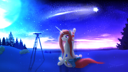 Size: 1600x903 | Tagged: safe, artist:lexifyrestar, oc, oc only, oc:misty moonlight, excited, moon, shooting star, solo, stargazing, telescope