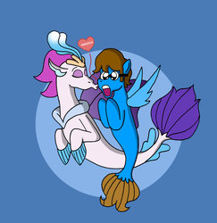 Size: 1024x1052 | Tagged: safe, artist:verycomicrelief, queen novo, oc, oc:blaine, seapony (g4), g4, my little pony: the movie, canon x oc, cheek kiss, jaw drop, kissing, open mouth, seaponified, smooch, species swap