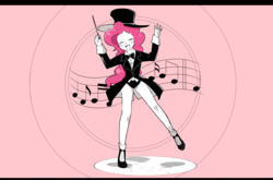 Size: 3632x2400 | Tagged: safe, artist:gyunyu, pinkie pie, equestria girls, g4, baton, bowtie, clothes, conductor's baton, cutie mark, eyes closed, female, hat, high res, looking at you, music notes, shoes, simple background, suit, top hat