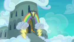 Size: 1280x720 | Tagged: safe, screencap, spitfire, pegasus, pony, g4, newbie dash, building, clothes, cloud, female, goggles, mare, solo, uniform, wonderbolts headquarters, wonderbolts uniform