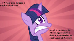 Size: 993x557 | Tagged: safe, edit, edited screencap, editor:korora, screencap, twilight sparkle, g4, lesson zero, fearful, little shop of horrors, text, tfw