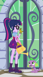 Size: 1242x2208 | Tagged: safe, screencap, sci-twi, spike, spike the regular dog, twilight sparkle, dog, equestria girls, equestria girls series, g4, my little shop of horrors, boots, celestia's house, clothes, cute, glasses, gloves, looking at each other, ponytail, shoes, skirt, spikabetes, twiabetes, watering can