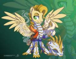 Size: 800x616 | Tagged: dead source, safe, artist:arcadianphoenix, part of a set, oc, oc only, oc:light bringer, pegasus, pony, armor, clothes, commission, fantasy class, helmet, knight, male, paladin, pet, raised hoof, solo, warrior, zoom layer