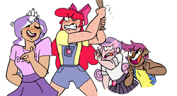 Size: 1280x695 | Tagged: safe, artist:croxovergoddess, artist:the-75th-hunger-game, apple bloom, diamond tiara, scootaloo, sweetie belle, human, g4, angry, baseball bat, bow, clothes, cutie mark crusaders, dark skin, draw the squad, freckles, human coloration, humanized, jewelry, ring, skirt, this will end in pain, this will end in tears and/or death and/or covered in tree sap, tiara