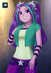 Size: 707x1000 | Tagged: safe, artist:uotapo, aria blaze, equestria girls, g4, clothes, female, lip bite, pants, seductive look, seductive pose, smiling, solo