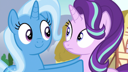 Size: 1920x1080 | Tagged: safe, screencap, starlight glimmer, trixie, pony, unicorn, all bottled up, g4, best friends, cute, diatrixes, duo, female, looking at each other, mare, ponyville, smiling, upsies