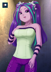 Size: 707x1000 | Tagged: safe, alternate version, artist:uotapo, aria blaze, equestria girls, g4, bare shoulders, breasts, busty aria blaze, clothes, female, lidded eyes, pants, sleeveless, solo, strapless