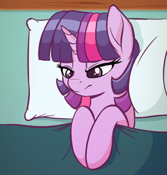 Size: 811x848 | Tagged: safe, artist:spectre-z, edit, editor:dsp2003, twilight sparkle, pony, unicorn, g4, angry, bed, blanket, colored pupils, exploitable, female, mare, pillow, solo, textless, twilight sparkle is not amused, unamused, unicorn twilight