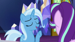 Size: 1280x720 | Tagged: safe, screencap, starlight glimmer, trixie, pony, unicorn, all bottled up, g4, animated, crystal, cutie map, door, female, sound, talking, twilight's castle, webm