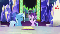 Size: 1280x720 | Tagged: safe, screencap, starlight glimmer, trixie, pony, unicorn, all bottled up, g4, animated, book, crystal, cutie map, door, female, friendship throne, laughing, sound, talking, twilight's castle, webm