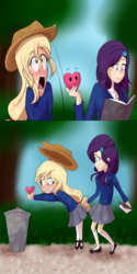 Size: 1500x3000 | Tagged: safe, artist:rmariansj, applejack, rarity, human, g4, blushing, book, clothes, comic, female, heart, humanized, in a heartbeat, kneesocks, lesbian, mary janes, open mouth, parody, school uniform, ship:rarijack, shipping, shoes, skirt, socks, stockings, thigh highs, trash can