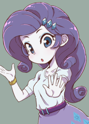 Size: 1512x2098 | Tagged: safe, artist:nazonazopowerfu, rarity, equestria girls, g4, belt, bracelet, clothes, cute, female, green background, hairpin, jewelry, looking at you, raribetes, shirt, simple background, skirt, solo