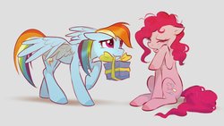 Size: 1389x785 | Tagged: safe, artist:imalou, pinkie pie, rainbow dash, earth pony, pegasus, pony, g4, comforting, crying, cute, dashabetes, diapinkes, drawthread, duo, eyes closed, female, floppy ears, gift giving, gray background, mare, mouth hold, present, raised hoof, simple background, sitting, spread wings, teary eyes, wings