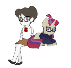 Size: 1030x987 | Tagged: safe, artist:chautung, moondancer, raven, pony, unicorn, equestria girls, g4, clothes, cute, female, glasses, hair bun, high heels, mare, prone, shoes, simple background, skirt, sweater