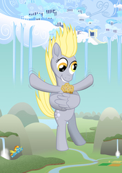 Size: 3472x4911 | Tagged: safe, artist:malte279, derpy hooves, spitfire, pegasus, pony, g4, cloudsdale, derpy being derpy, derpy day, derpy day 2018, falling, food, muffin, solo focus, wing hands