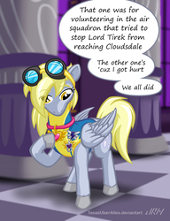 Size: 720x937 | Tagged: safe, artist:texasuberalles, derpy hooves, pegasus, pony, g4, award, clothes, colored hooves, derpy's sacrifice, equestrian pink heart of courage, female, goggles, looking down, mare, medal, purple heart, solo, speech bubble, story included, uniform, wonderbolt trainee uniform