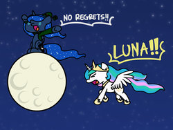 Size: 1024x768 | Tagged: safe, artist:flutterluv, princess celestia, princess luna, alicorn, pony, series:flutterluv's full moon, g4, clothes, crown, dialogue, female, flying, full moon, jewelry, mare, moon, night, regalia, royal sisters, sitting, sitting on the moon, stars, tangible heavenly object, yelling
