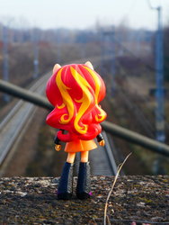 Size: 1024x1365 | Tagged: safe, artist:artofmagicpoland, sunset shimmer, equestria girls, g4, boots, clothes, doll, equestria girls minis, hair, irl, jacket, photo, ponied up, railroad, shoes, skirt, toy