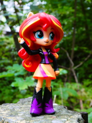 Size: 3672x4896 | Tagged: safe, artist:artofmagicpoland, sunset shimmer, equestria girls, g4, boots, clothes, doll, equestria girls minis, forest, irl, jacket, photo, shoes, skirt, toy