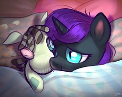 Size: 1327x1060 | Tagged: safe, artist:imalou, smarty pants, oc, oc:nyx, alicorn, pony, g4, bed, blanket, bust, cute, drawthread, female, filly, pillow, plushie, slit pupils, solo