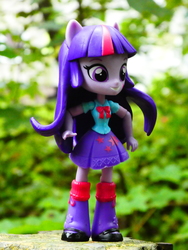 Size: 3672x4896 | Tagged: safe, artist:artofmagicpoland, twilight sparkle, equestria girls, g4, clothes, doll, equestria girls minis, forest, irl, leg warmers, photo, shoes, skirt, toy