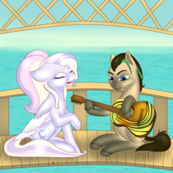 Size: 3000x3000 | Tagged: safe, artist:alicekvartersson, oc, oc only, oc:samba volta, oc:shiver night, earth pony, pegasus, pony, acoustic guitar, bridge, campolina, commission, duo, female, guitar, high res, male, mare, music, musical instrument, raised hoof, singing, sitting, smiling, stallion, water, ych result