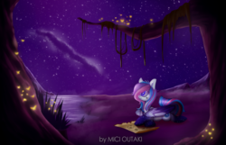 Size: 1550x1000 | Tagged: safe, artist:mici124, artist:micioutaki, oc, oc only, oc:galaxy traxs, firefly (insect), pegasus, pony, female, mare, night, solo, stars, tree, tree branch